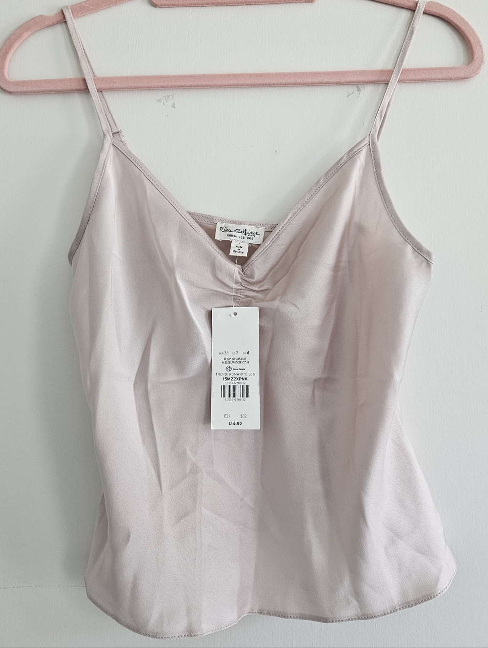 Miss Selfridge ASOS Light Pink Silky V Neck Tank Slip US 2 NEW